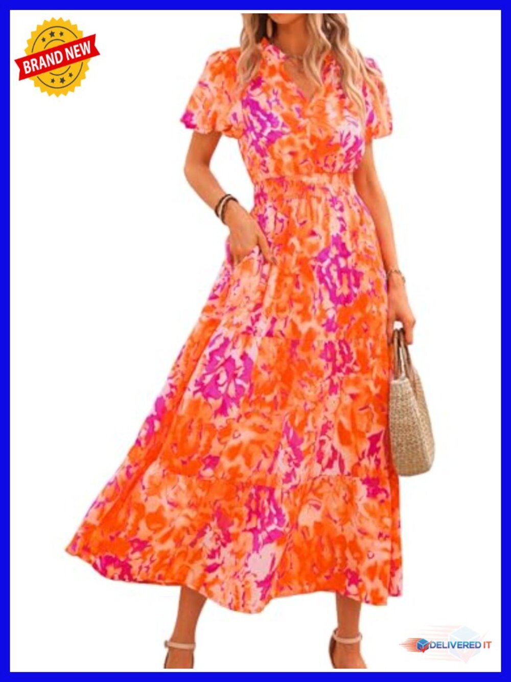 Boho Floral Maxi Dress Puff Sleeve Smocked V-Neck Summer Vacation Beach